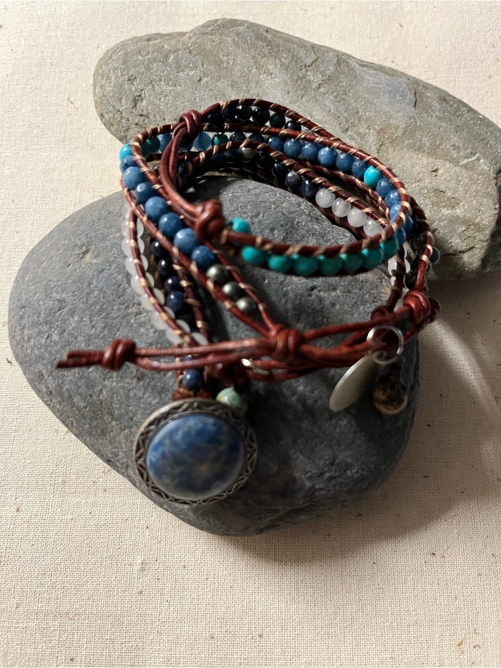 Boho Multi-Strand Blue Turquoise Wrap Bracelet w/blue button close&silver charms